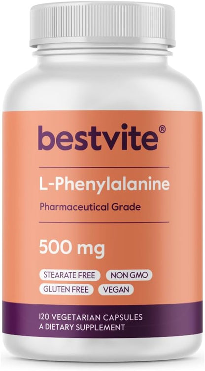 BESTVITE L-Phenylalanine 500mg (120 Vegetarian Capsules) - No Stearates - Vegan - Gluten-free - Non GMO