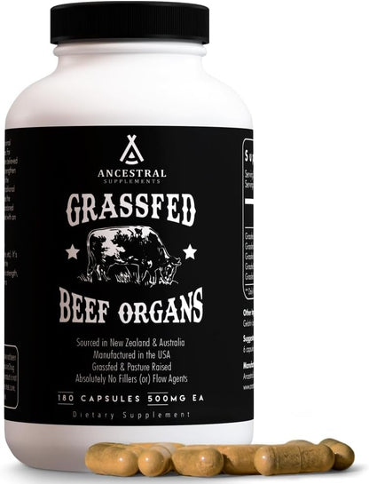 Ancestral Supplements Grass-Fed Beef Organ Supplement – Whole Body Wellness Blend, 180 Capsules