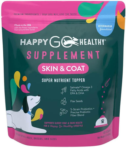 Happy Go Healthy Skin and Coat Supplements for Dogs – Probiotic and Prebiotic Benefits with Wild Salmon Omega-3s, 120 Count