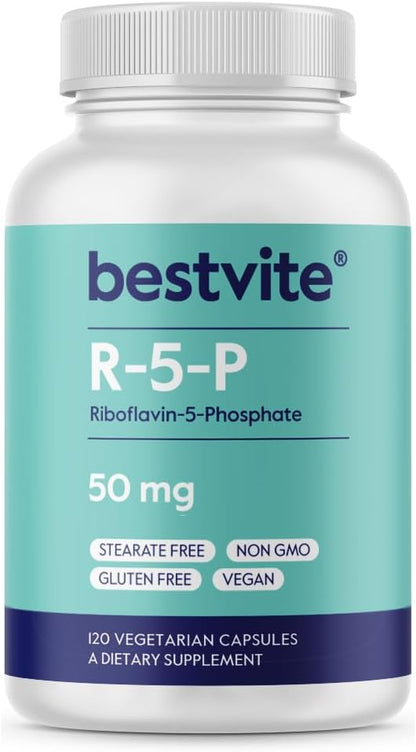 BESTVITE Riboflavin-5-Phosphate 50mg (120 Vegetarian Capsules) – No Stearates – Vegan – Non GMO – Gluten-free – Bioactive Form of Vitamin B2