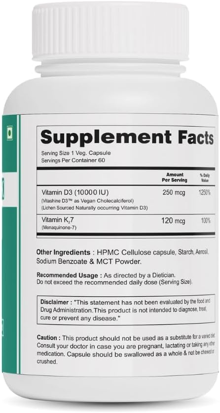DK | Vegan Vitamin D3 10,000 IU, Vitamin K2 120 mcg with MCT Powder, Vegetarian Vitamin D3 K2 for Women and Men, Lichen Vitamin D3 - 60 Gluten-free Capsules - görsel 1