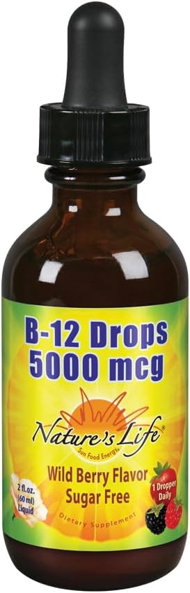 Nature's Life B12 Drops 5000 mcg - Vitamin B12 Methylcobalamin Liquid Supplement, Natural Mixed Berry Flavour, 59 ml