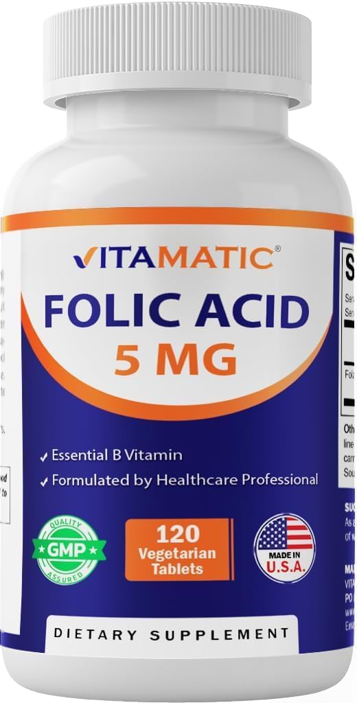 Vitamatic Folic Acid 5 mg (5000 mcg) - High Strength Vitamin B9 (Folate 8333 mcg DFE) - 120 Vegetarian Tablets - görsel 1
