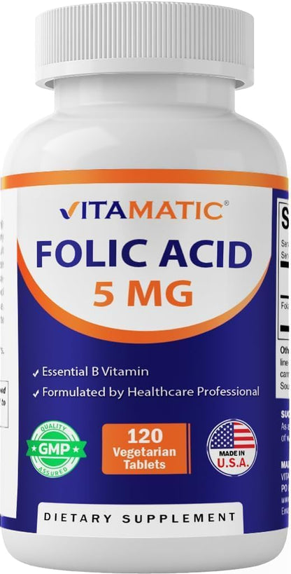 Vitamatic Folic Acid 5 mg (5000 mcg) - High Strength Vitamin B9 (Folate 8333 mcg DFE) - 120 Vegetarian Tablets