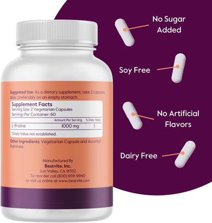 BESTVITE L-Proline 500mg – 120 Vegetarian Capsules – No Stearates, No Fillers, Vegan, Gluten-free, Non-GMO