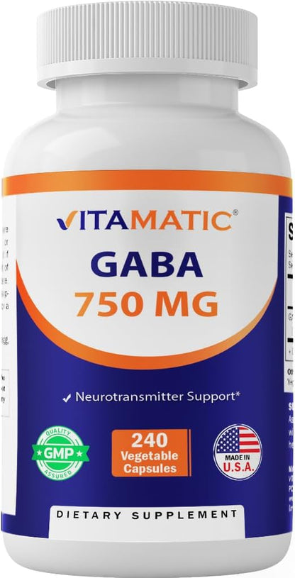 Vitamatic GABA (Gamma Aminobutyric Acid) 750mg, 240 Vegetable Capsules – Non-GMO, Gluten-free