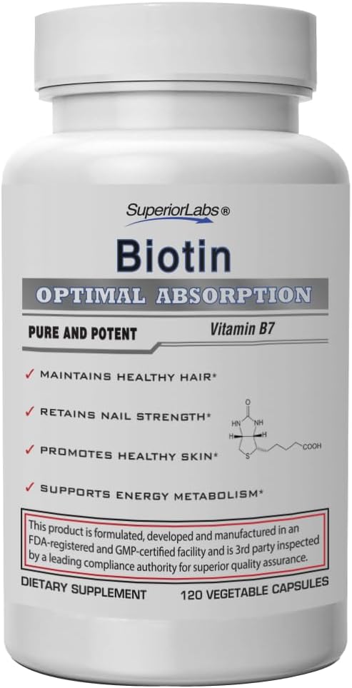 Superior Labs Biotin 5000 mcg – Non-GM Supplement for Hair, Skin and Nails – 120 Vegetable Capsules - görsel 1