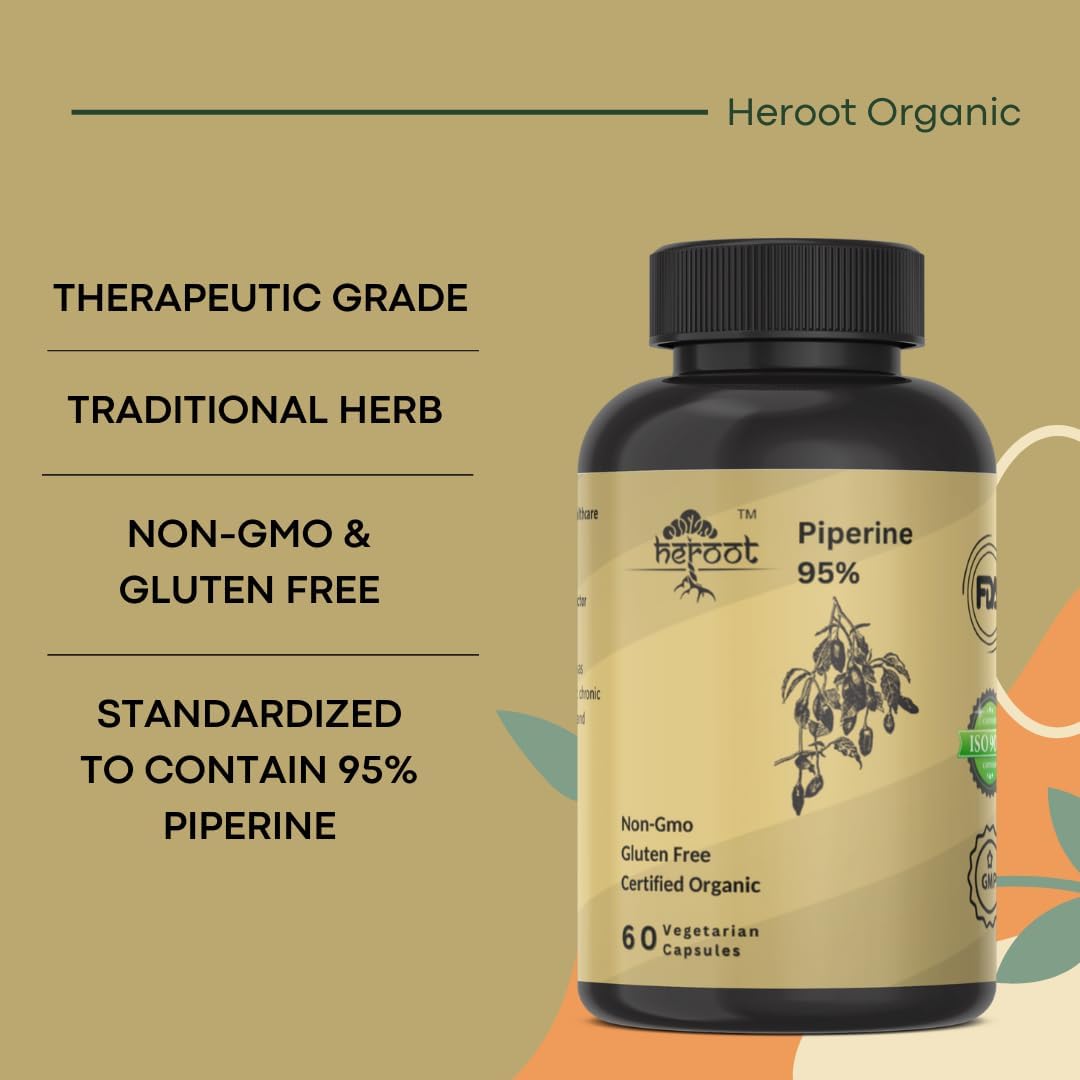 Heroot Piperine 95% (Piper Nigrum) 500 mg - Digestive Health & Breathing Support, Gluten-free, 120 Capsules - görsel 5