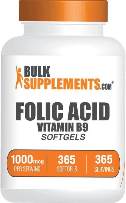 BulkSupplements Folic Acid Soft gel capsule Capsules - Vitamin B9, 1000 mcg, 365 Capsules