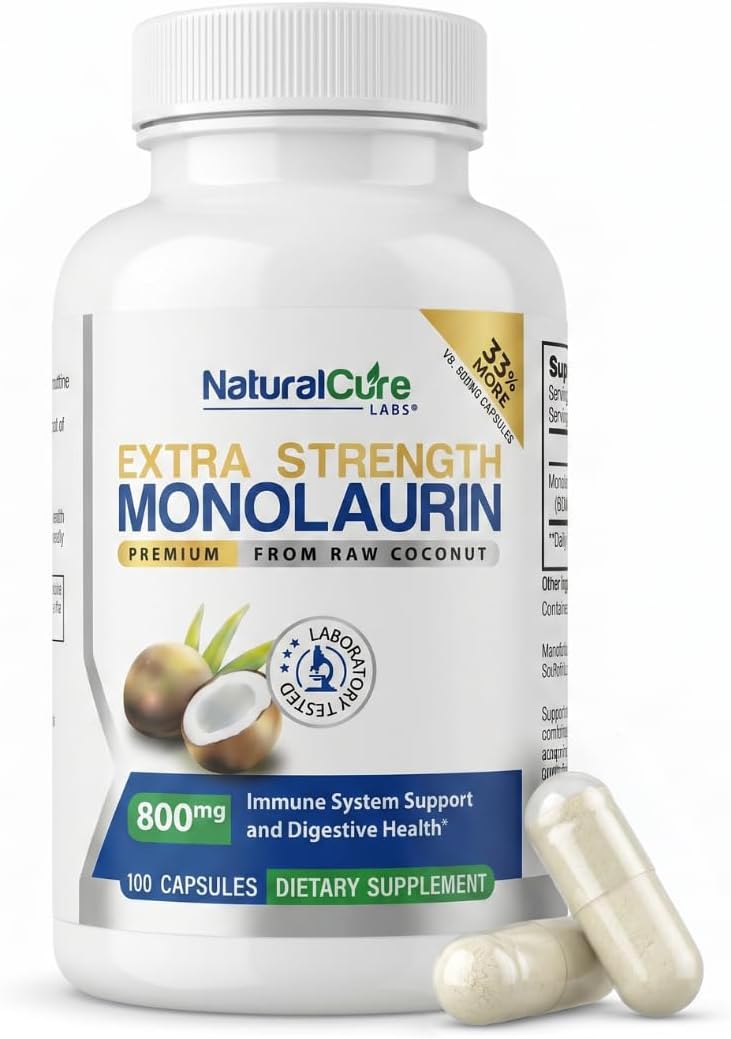 Natural Cure Labs Extra Strength Monolaurin 800mg, 100 Capsules, 33% More - görsel 1