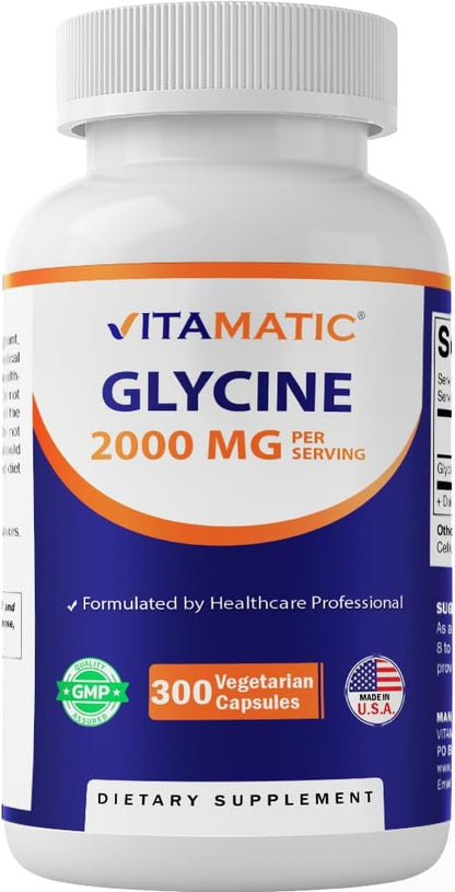 Vitamatic Glycine Supplements, 2000mg per Serving, 300 Capsules, Non-GM, Gluten-free