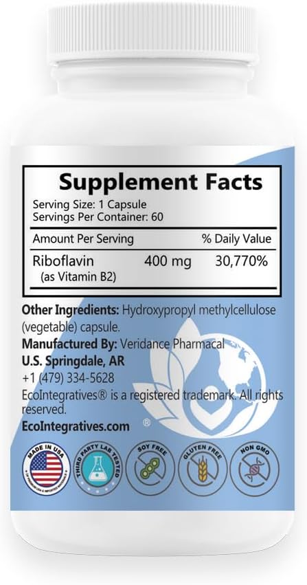 B2-400 Pure Riboflavin – Nervous System Health, Homocysteine Metabolism, Cardiovascular Support, Energy Boost, Mental Clarity, Metabolism and Cell Function (60 Capsules, Unflavoured) - görsel 2