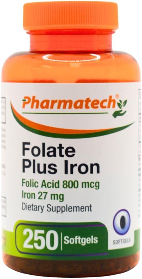 PHARMATECH Folic Acid 800 mcg Plus Iron 27 mg Supplement for Women, 250 Softgels - görsel 1