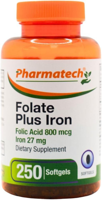 PHARMATECH Folic Acid 800 mcg Plus Iron 27 mg Supplement for Women, 250 Softgels