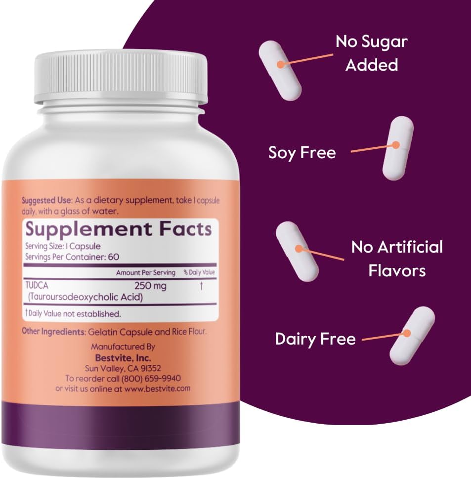 BESTVITE TUDCA 250mg (60 Capsules) (Tauroursodeoxycholic Acid) – No Stearates, Gluten-free, Non-GMO - görsel 3