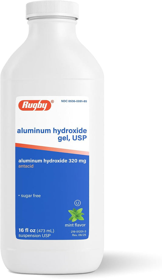 Rugby 320 mg Aluminium Hydroxide Gel, USP - Antacid Liquid - Mint Flavoured - 16 Fl. Oz. (473 ml)