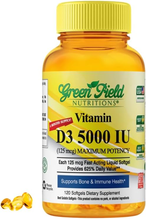 Greenfield Nutritions Halal Vitamin D3 5000 IU (125 mcg) Softgels – 120 Pack - görsel 1