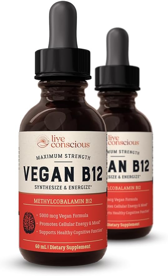 Live Conscious Vegan Vitamin B12 Sublingual Liquid Drops – Methylcobalamin 5000mcg (2 Pack) - görsel 1