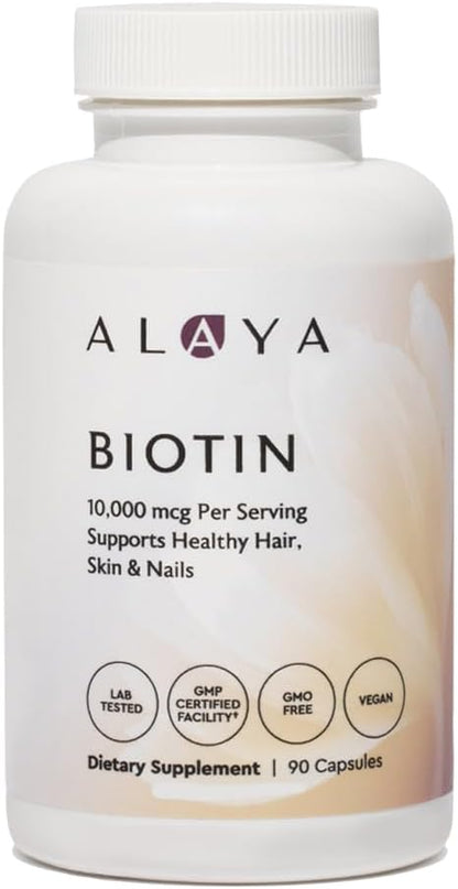 Alaya Biotin 10,000 mcg – Healthy Hair, Skin & Nails Food Supplement, Vegan, Non-GMO, 90 Capsules