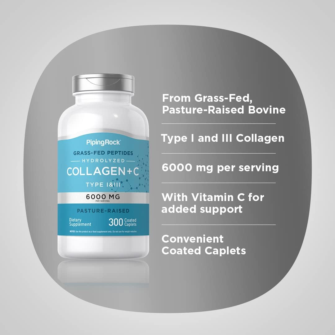 Piping Rock Collagen Peptides Plus Vitamin C Pills 6000mg - 300 Caplets - Hydrolysed Collagen Peptides Type I & III - görsel 3