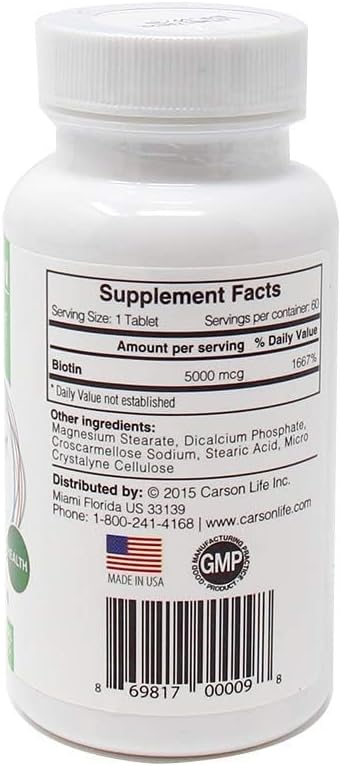 Carson Life Biotin Supplement Tablets for Men and Women, Hair, Skin and Nails Vitamin, Energy Metabolism Support, Unflavoured, 60 Count, Made in USA - görsel 4