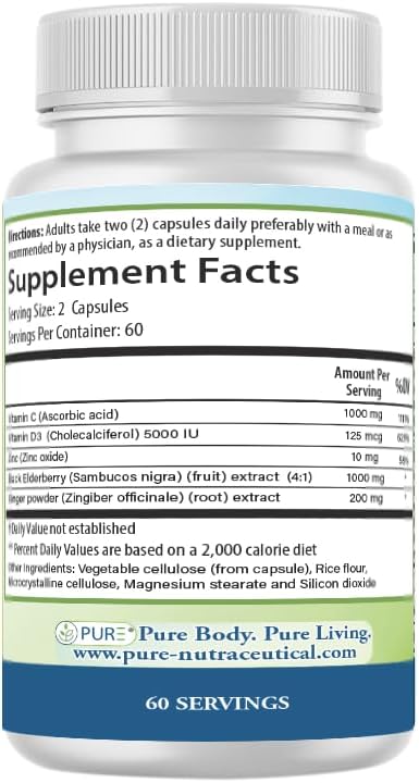 PURE® 5 in 1 Immune Formula - 120 Capsules - Black Elderberry, Vitamin C, D3, Zinc & Ginger Root - görsel 8