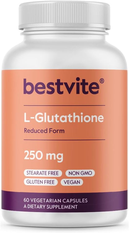 BESTVITE L-Glutathione 250 mg (60 Vegetarian Capsules) - No Stearates - Vegan - Non-GMO - Gluten-free