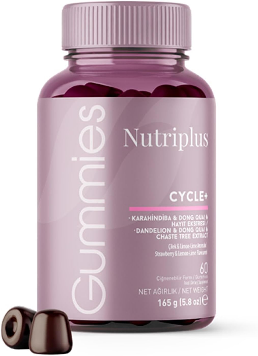 FARMASi Nutriplus Cycle Plus Gummies - Vegan Women's Support Supplement with Iron, Vitamin B6 & Botanical Extracts, Strawberry Lime, 60 Gummies - görsel 5