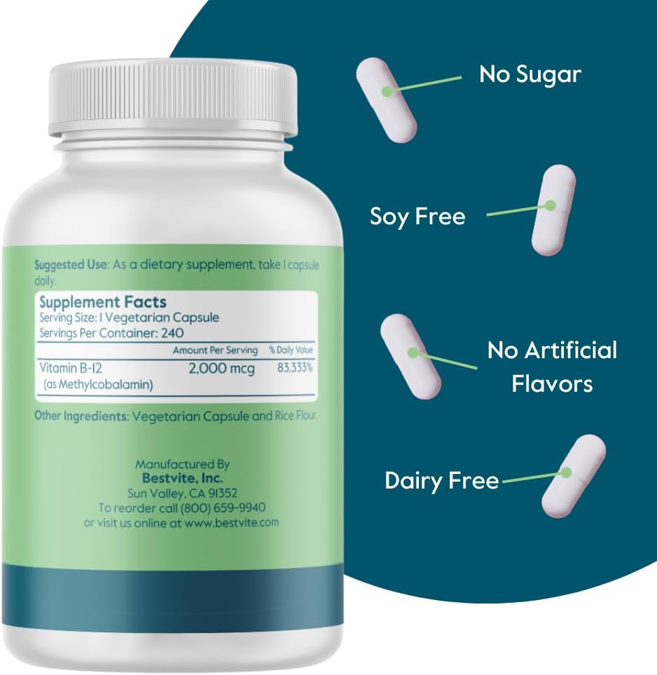 Vitamin B12 (Methylcobalamin) 2000mcg - 240 Vegan Capsules | BESTVITE - görsel 3