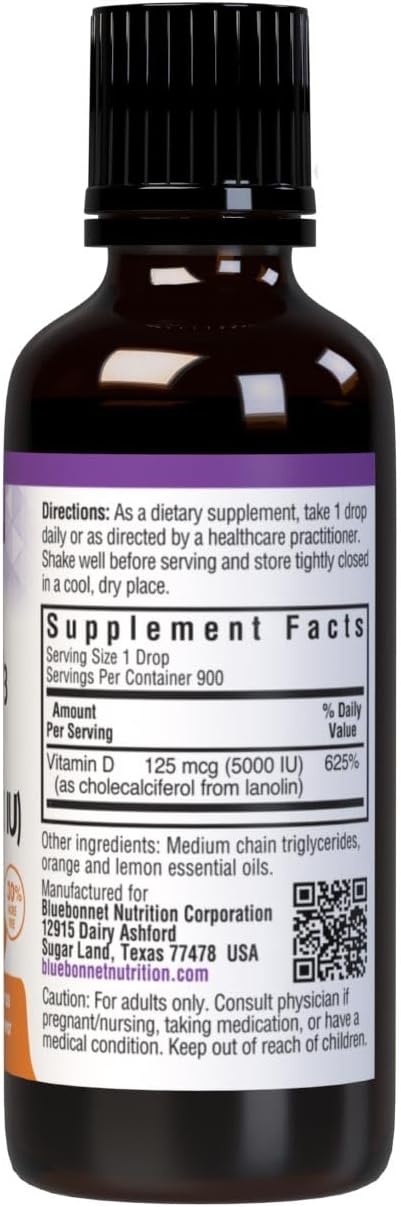 Bluebonnet Nutrition Liquid Vitamin D3 Drops, 5000 IU, 30 ml (900 Servings)