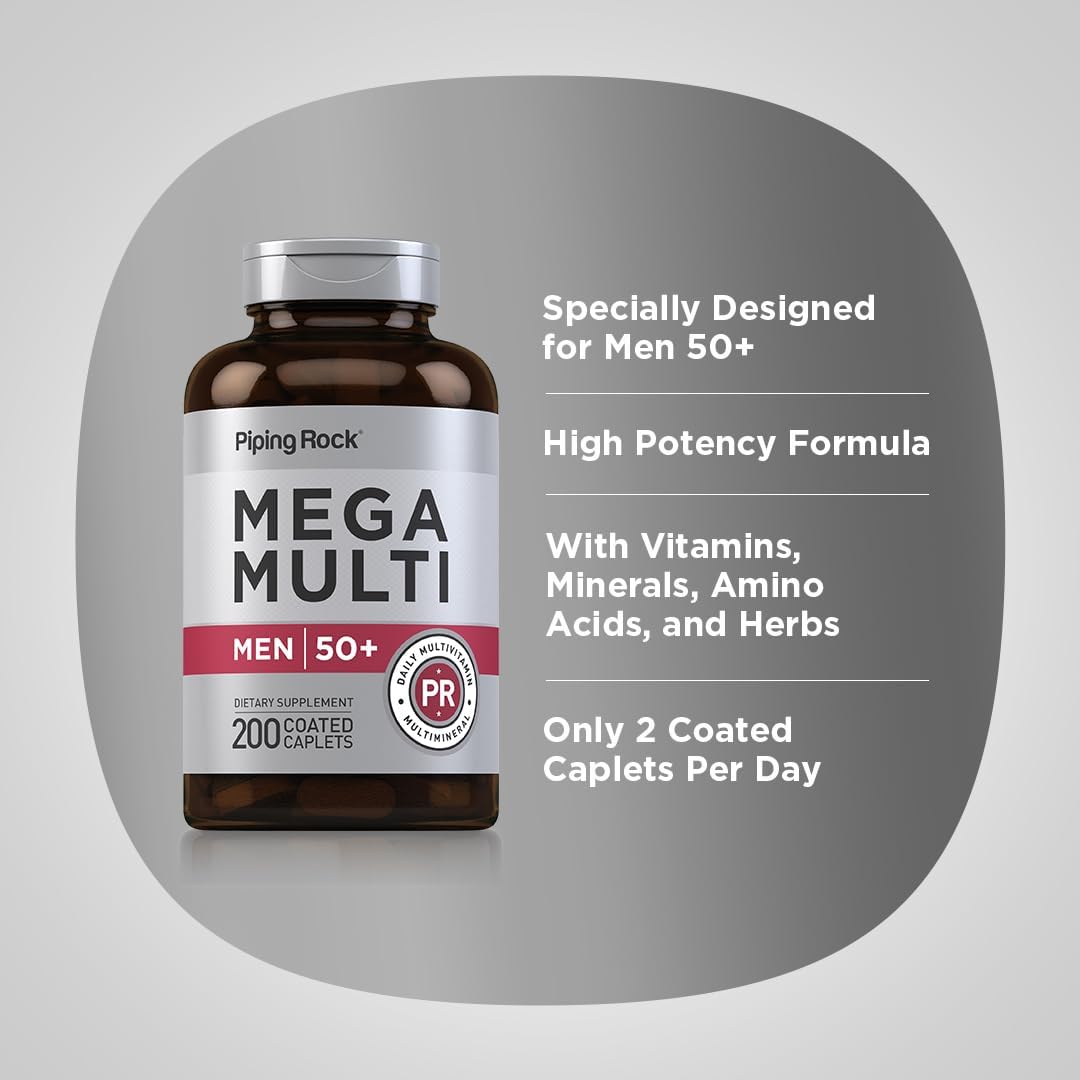 Piping Rock Mega 50 Plus Multivitamin for Men Over 50+ - Magnesium, Calcium & Zinc, 200 Caplets - görsel 4