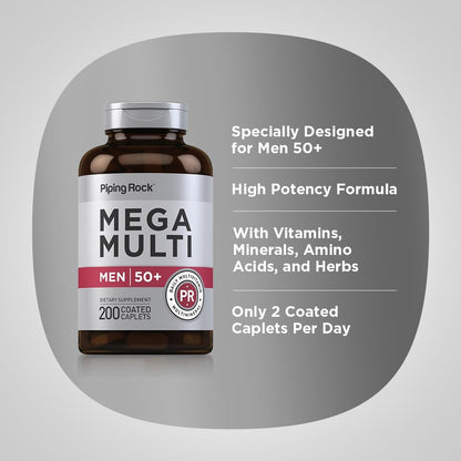 Piping Rock Mega 50 Plus Multivitamin for Men Over 50+ - Magnesium, Calcium & Zinc, 200 Caplets