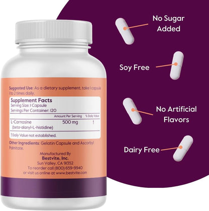 BESTVITE L-Carnosine 500mg (240 Capsules) - No Fillers, Non-GMO, Gluten-free