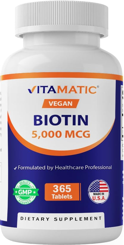 Vitamatic Biotin 5000mcg (5 mg) for Healthier Hair, Skin and Nails – 365 Vegan Tablets