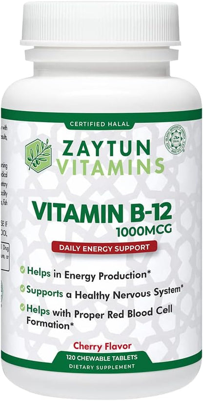 Zaytun Halal Vitamin B12 1000mcg Chewable Tablets - Vegan, Dairy-Free, 4-Month Supply