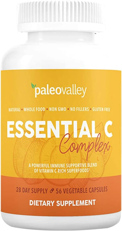 Paleovalley Essential C Complex - Organic Vitamin C Supplement for Immune Support, 450mg - Whole Food Acerola Cherry, Camu Camu, Amla Berry - No Synthetic Ascorbic Acid - USA-made