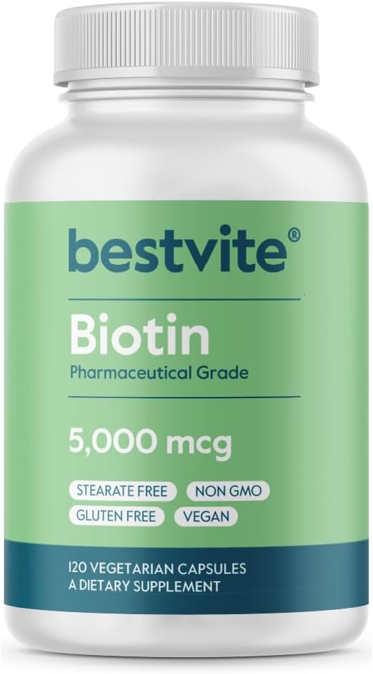 BESTVITE Biotin 5000mcg (120 Vegetarian Capsules) - No Stearates - No Flow Agents - Vegan - Non GMO - Gluten-free - Hair, Skin, Nails - görsel 1