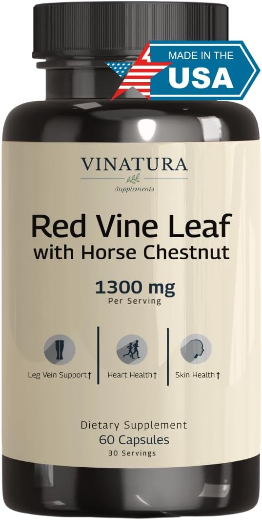 VINATURA Red Vine Leaf Extract with Horse Chestnut - 1300 mg per Serving for Vein and Circulation Support (60 Capsules) - görsel 1