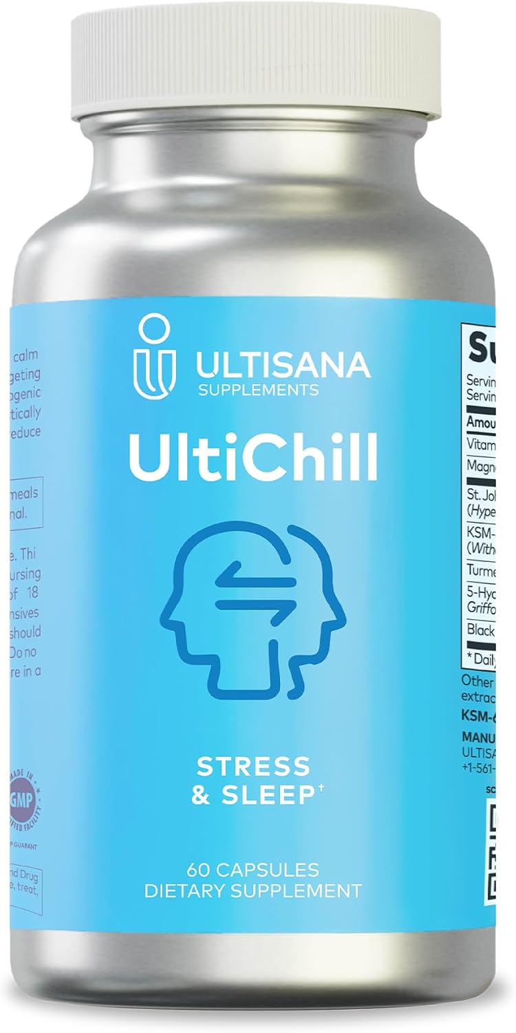 UltiChill Stress Relief Supplement – Supports Calmness, Relaxation & Mood with Magnesium Glycinate, Vitamin B6, KSM-66 Ashwagandha, Turmeric & 5-HTP, 60 Capsules - görsel 1