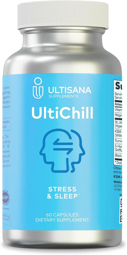 UltiChill Stress Relief Supplement – Supports Calmness, Relaxation & Mood with Magnesium Glycinate, Vitamin B6, KSM-66 Ashwagandha, Turmeric & 5-HTP, 60 Capsules