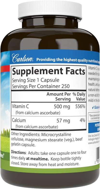 Carlson Mild-C 500 mg Buffered Vitamin C – 250 Capsules