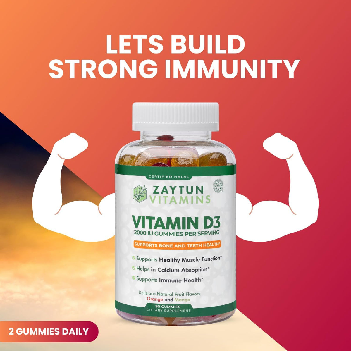 Zaytun Halal Vitamin D3 2000 IU Gummies – Supports Bone, Immune & Muscle Health – Gluten & Gelatine Free – Natural Fruit Flavours – 90 Gummies - görsel 5