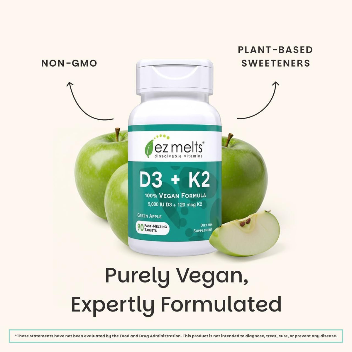 EZ Melts Dissolvable Vegan Vitamin D3 + K2 5,000 IU, Green Apple, 90 Tablets - görsel 6