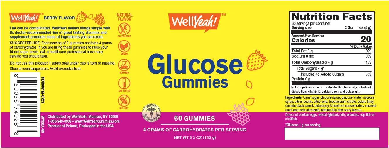 WellYeah Glucose Gummies – 4 Grammes of Carbohydrates, Naturally Sourced Flavours, Chewable for Men and Women, Non-GMO, Gluten-free (60 Count) - görsel 5