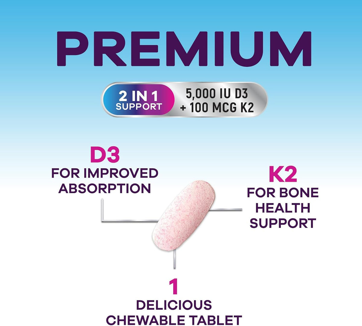 Vitamin D3 K2 - 5000 IU Vitamin D3 & 100 mcg Vitamin K2 MK-7 per Serving - Bone, Heart, & Immune Health Support - Calcium Absorption - D3K2 Berry Chew, Gluten-free, Non-GMO - 120 Tablets - görsel 7