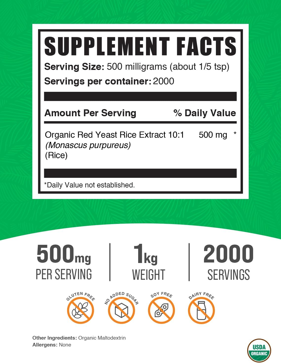 BulkSupplements.com Organic Red Yeast Rice Extract Powder – 1kg - görsel 2