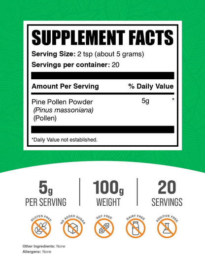BulkSupplements.com Pine Pollen Powder - Broken Cell Wall, Gluten-free, 5g per Serving, 100g (3.5 oz)