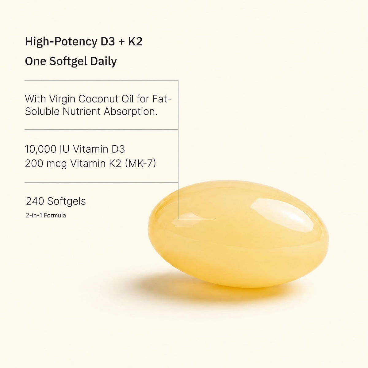 NATUREVOL Vitamin D3 10,000 IU + K2 200mcg with Coconut Oil - 240 Soft gel capsules - görsel 2