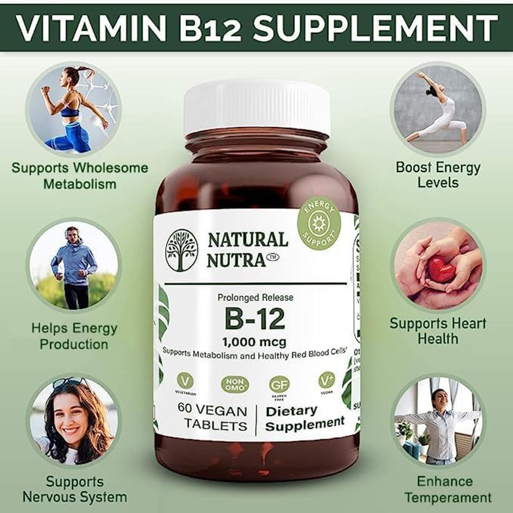 Natural Nutra Vitamin B12 1000 mcg, Cobalamin B12 Supplement, Contributes to Normal Energy Metabolism, Supports Nervous System, Vegan, Gluten Free, Sugar Free, 60 Tablets - görsel 3