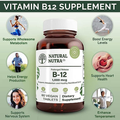 Natural Nutra Vitamin B12 1000 mcg, Cobalamin B12 Supplement, Contributes to Normal Energy Metabolism, Supports Nervous System, Vegan, Gluten Free, Sugar Free, 60 Tablets